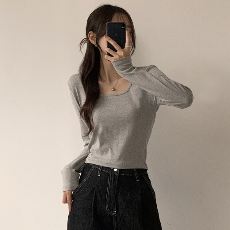 가을 유넥 간절기 긴팔 티셔츠 세미 크롭 슬림핏 니트 긴팔티 그레이