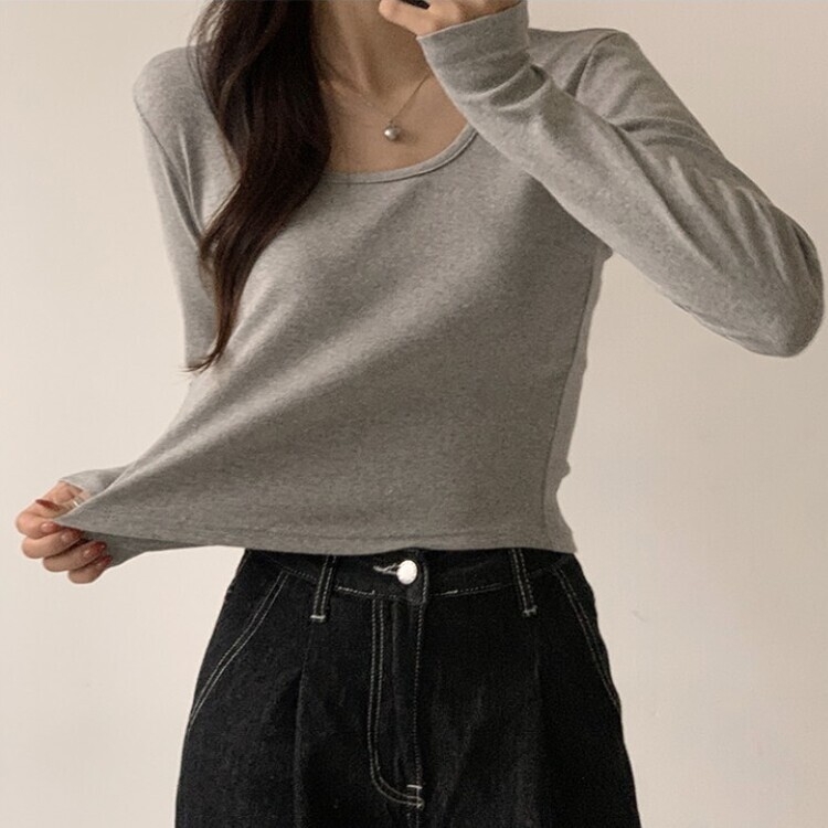 가을 유넥 간절기 긴팔 티셔츠 세미 크롭 슬림핏 니트 긴팔티 그레이