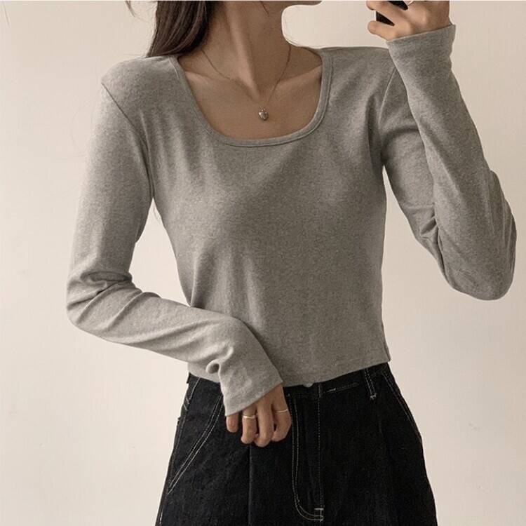 가을 유넥 간절기 긴팔 티셔츠 세미 크롭 슬림핏 니트 긴팔티 그레이