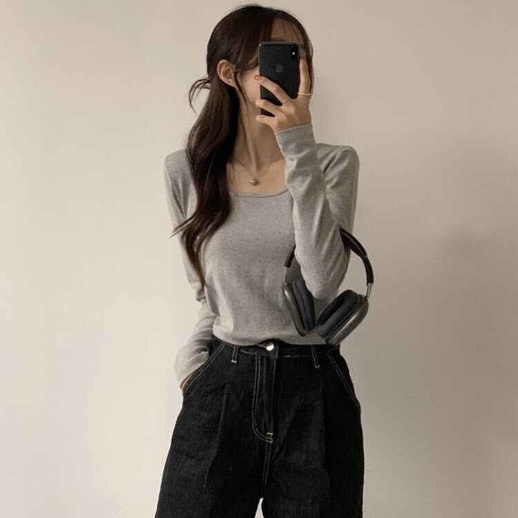 가을 유넥 간절기 긴팔 티셔츠 세미 크롭 슬림핏 니트 긴팔티 그레이