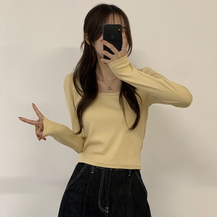 가을 유넥 간절기 긴팔 티셔츠 세미 크롭 슬림핏 니트 긴팔티 버터