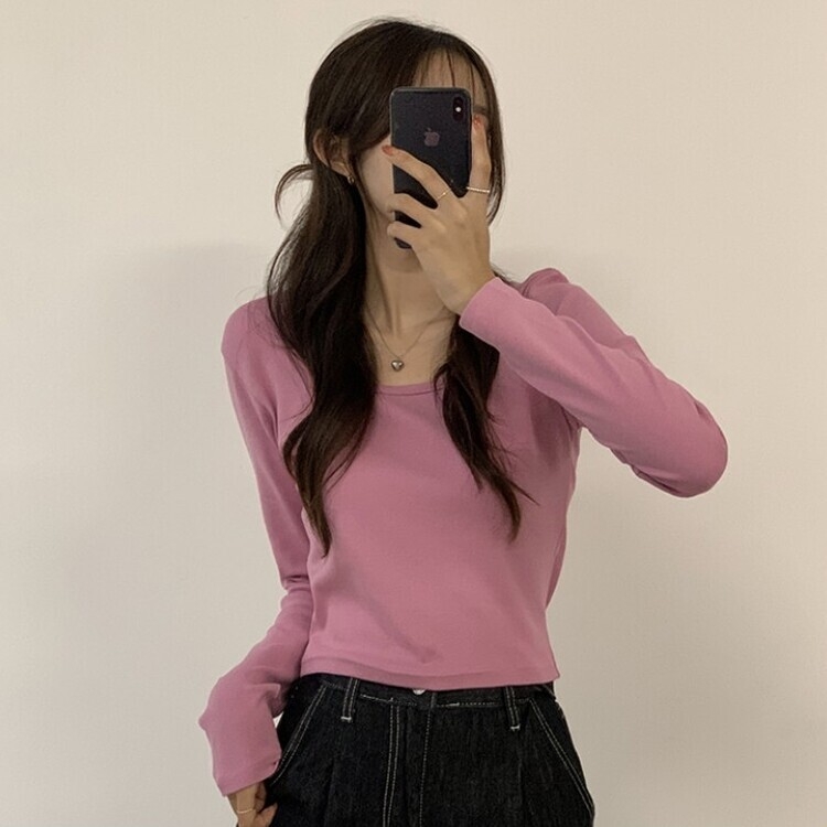 가을 유넥 간절기 긴팔 티셔츠 세미 크롭 슬림핏 니트 긴팔티 핑크