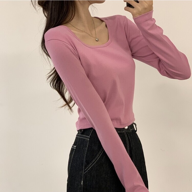 가을 유넥 간절기 긴팔 티셔츠 세미 크롭 슬림핏 니트 긴팔티 핑크