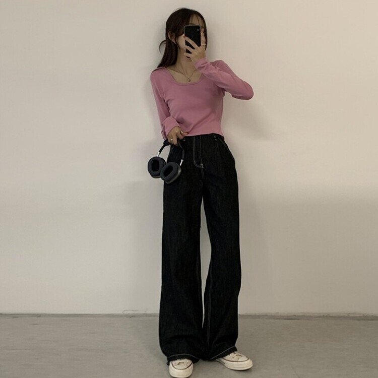 가을 유넥 간절기 긴팔 티셔츠 세미 크롭 슬림핏 니트 긴팔티 핑크