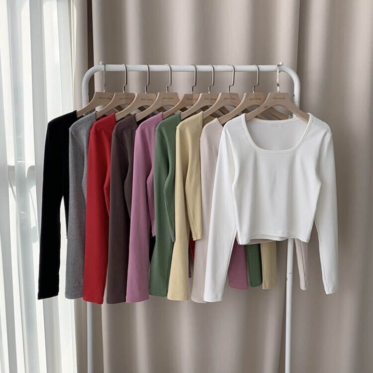 가을 유넥 간절기 긴팔 티셔츠 세미 크롭 슬림핏 니트 긴팔티