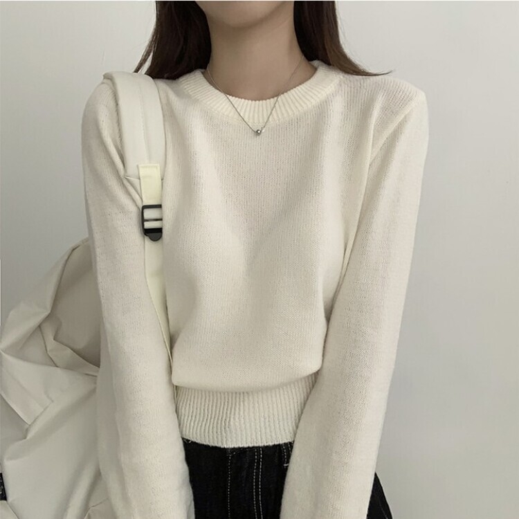 파스텔 가을 겨울 긴팔 라운드 무지 베이직 니트 아이보리