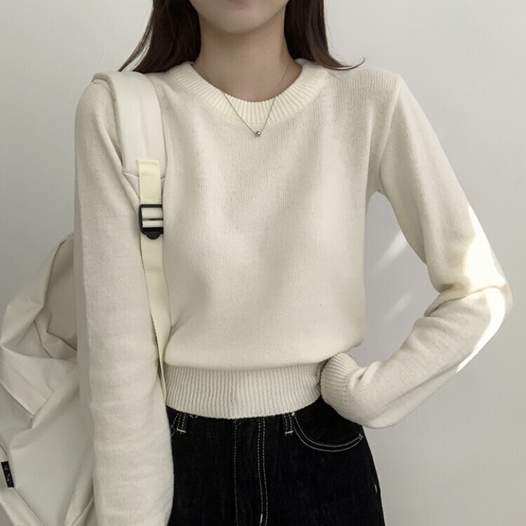 파스텔 가을 겨울 긴팔 라운드 무지 베이직 니트 아이보리