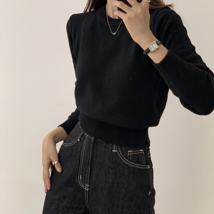 파스텔 가을 겨울 긴팔 라운드 무지 베이직 니트 블랙