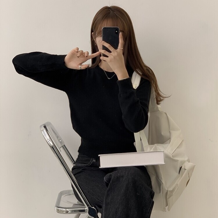 파스텔 가을 겨울 긴팔 라운드 무지 베이직 니트 블랙