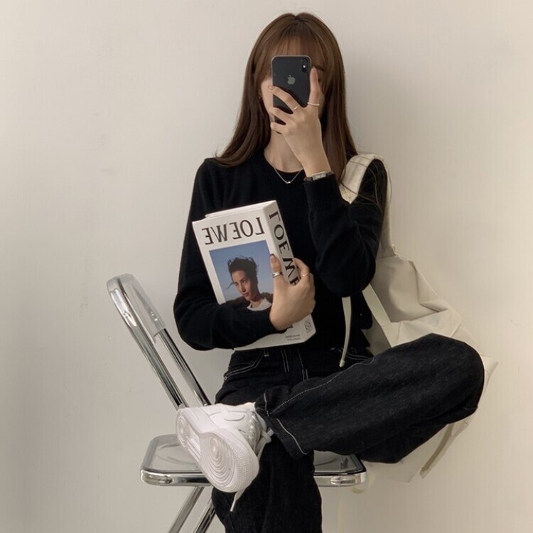 파스텔 가을 겨울 긴팔 라운드 무지 베이직 니트 블랙