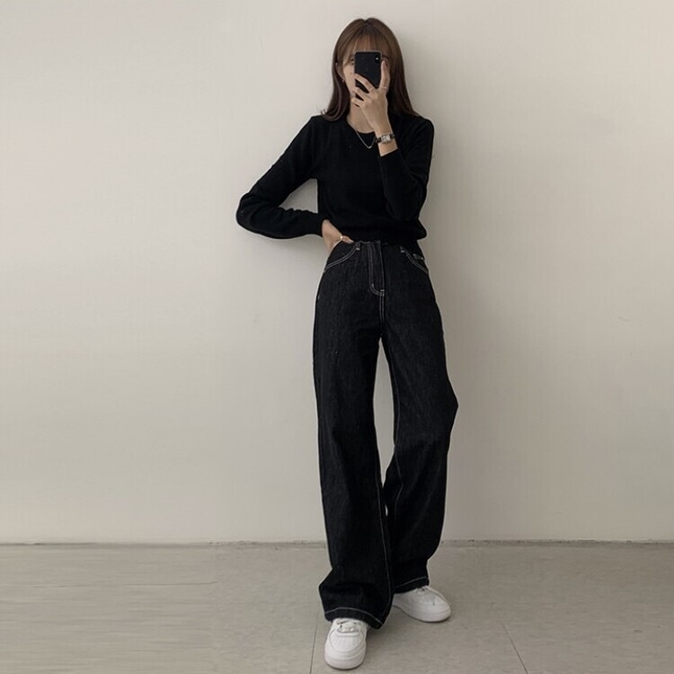 파스텔 가을 겨울 긴팔 라운드 무지 베이직 니트 블랙