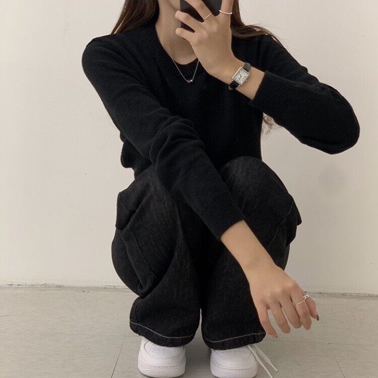 파스텔 가을 겨울 긴팔 라운드 무지 베이직 니트 블랙