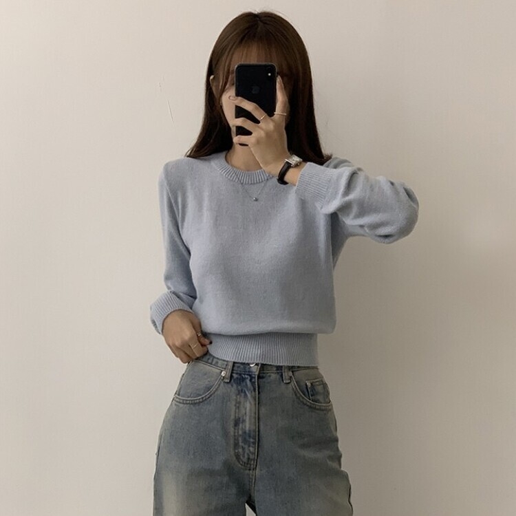 파스텔 가을 겨울 긴팔 라운드 무지 베이직 니트 스카이블루