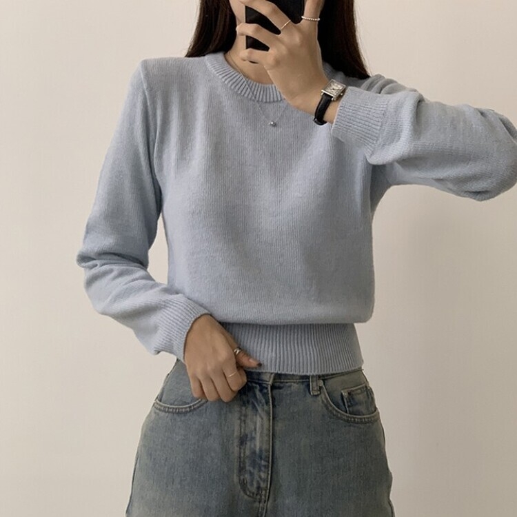 파스텔 가을 겨울 긴팔 라운드 무지 베이직 니트 스카이블루