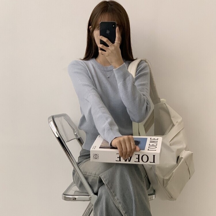 파스텔 가을 겨울 긴팔 라운드 무지 베이직 니트 스카이블루