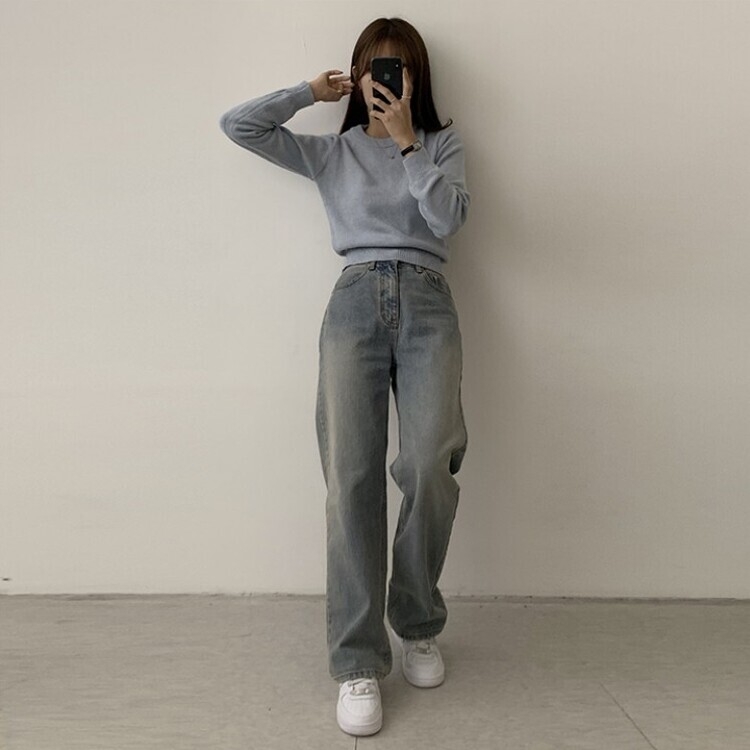 파스텔 가을 겨울 긴팔 라운드 무지 베이직 니트 스카이블루