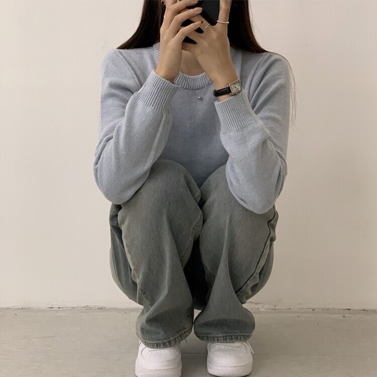 파스텔 가을 겨울 긴팔 라운드 무지 베이직 니트 스카이블루