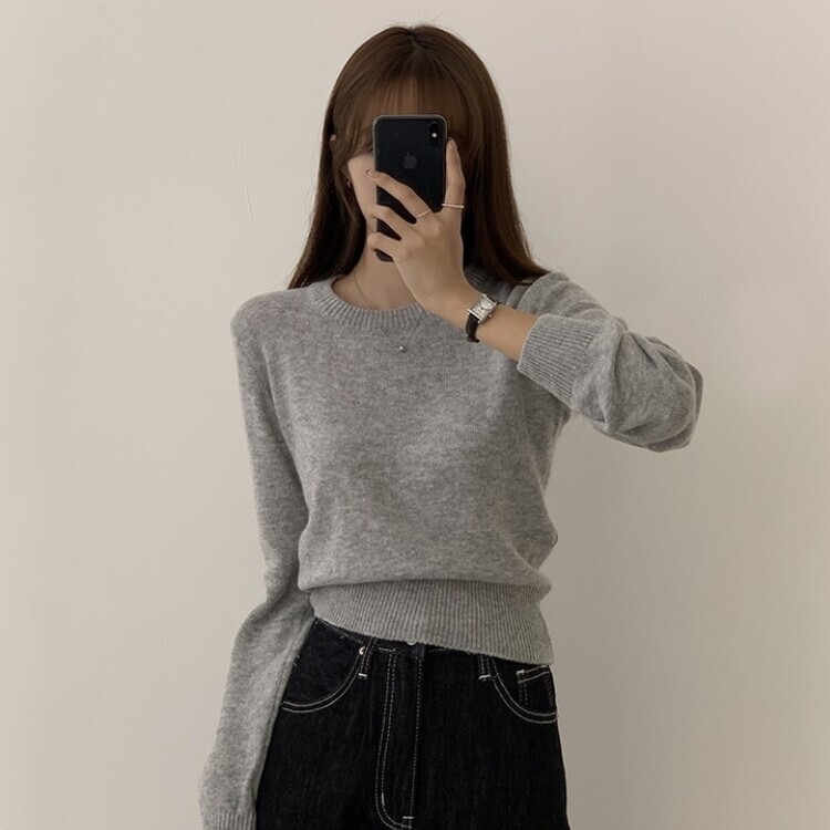 파스텔 가을 겨울 긴팔 라운드 무지 베이직 니트 라이트그레이