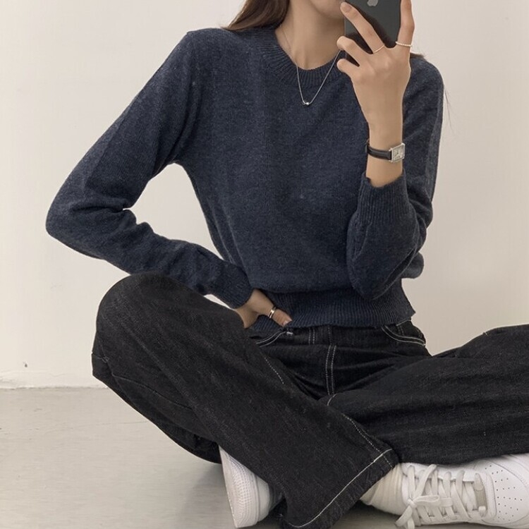 파스텔 가을 겨울 긴팔 라운드 무지 베이직 니트 곤색