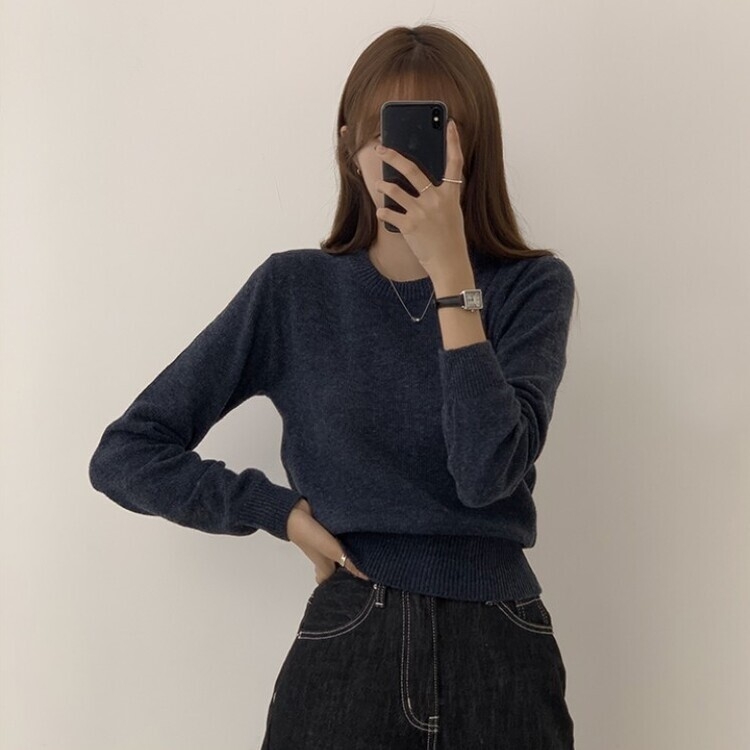 파스텔 가을 겨울 긴팔 라운드 무지 베이직 니트 곤색