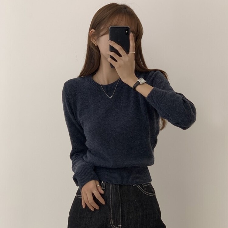 파스텔 가을 겨울 긴팔 라운드 무지 베이직 니트 곤색