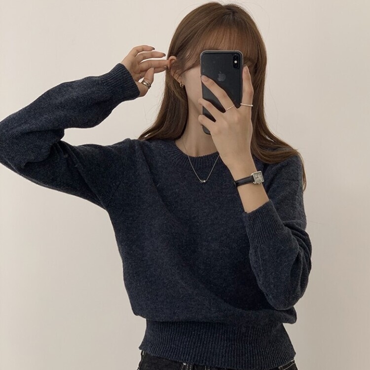 파스텔 가을 겨울 긴팔 라운드 무지 베이직 니트 곤색