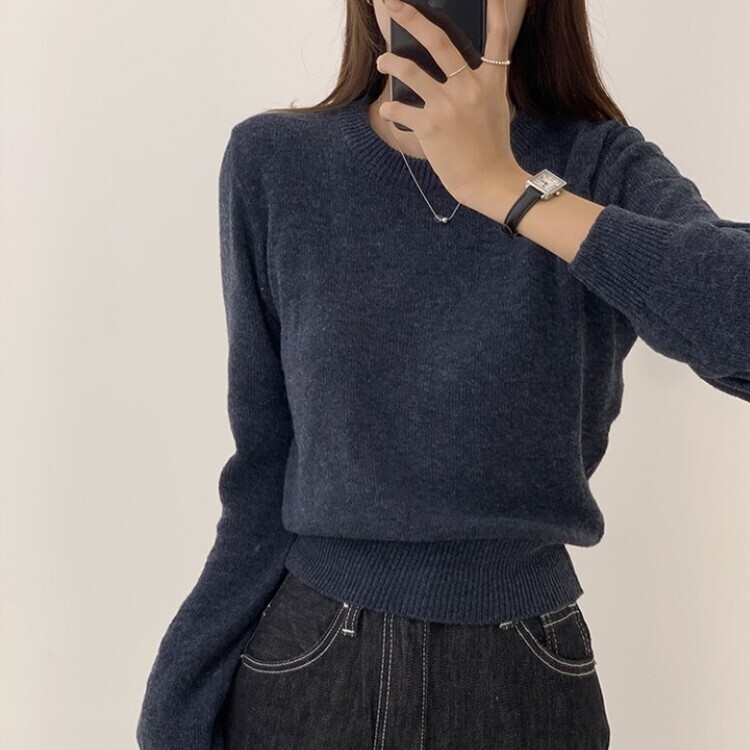 파스텔 가을 겨울 긴팔 라운드 무지 베이직 니트 곤색