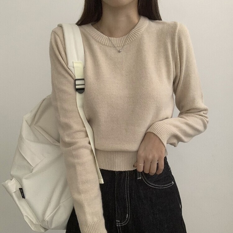 파스텔 가을 겨울 긴팔 라운드 무지 베이직 니트 베이지