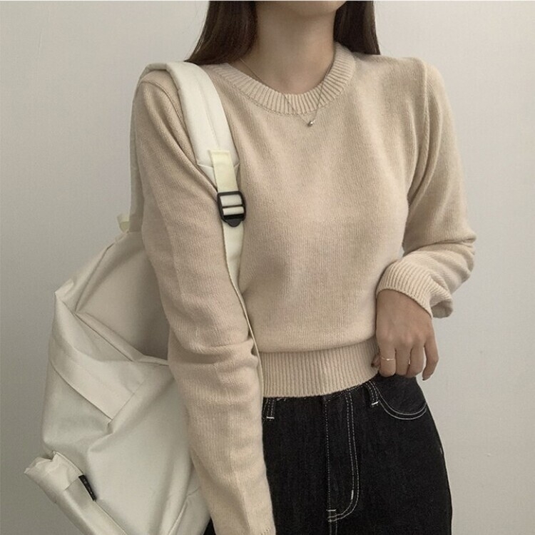 파스텔 가을 겨울 긴팔 라운드 무지 베이직 니트 베이지