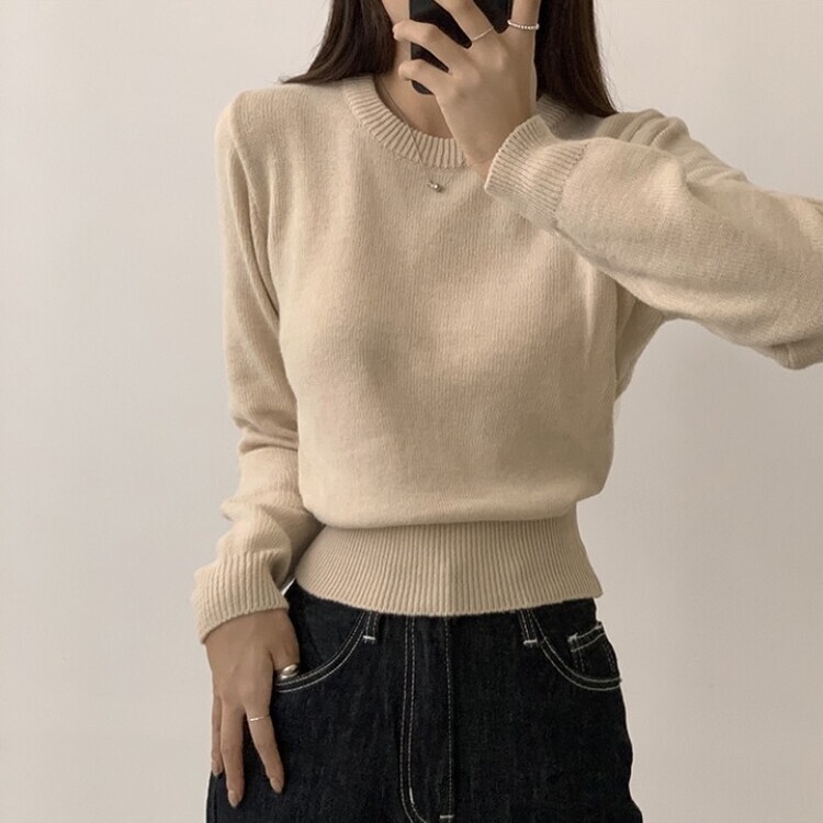 파스텔 가을 겨울 긴팔 라운드 무지 베이직 니트 베이지