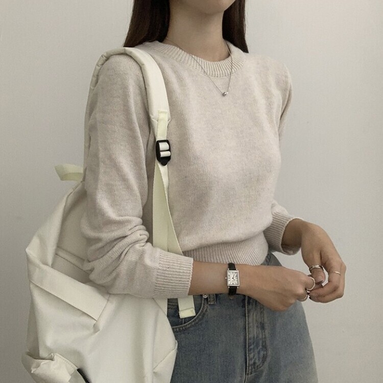 파스텔 가을 겨울 긴팔 라운드 무지 베이직 니트 오트밀