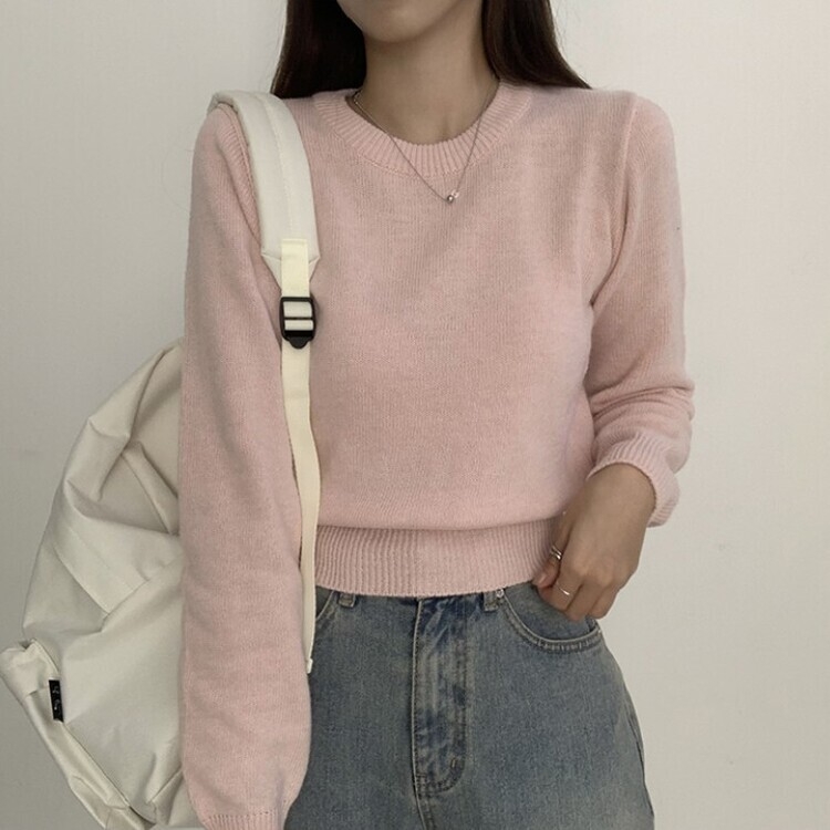 파스텔 가을 겨울 긴팔 라운드 무지 베이직 니트 연핑크