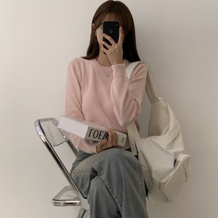 파스텔 가을 겨울 긴팔 라운드 무지 베이직 니트 연핑크
