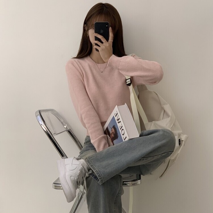 파스텔 가을 겨울 긴팔 라운드 무지 베이직 니트 연핑크