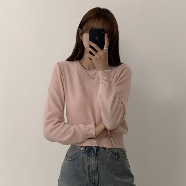 파스텔 가을 겨울 긴팔 라운드 무지 베이직 니트 연핑크