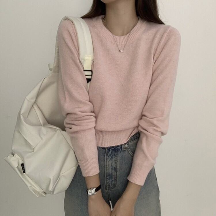 파스텔 가을 겨울 긴팔 라운드 무지 베이직 니트 연핑크