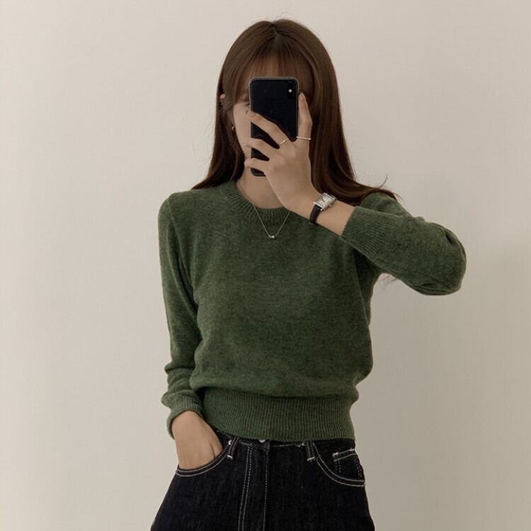파스텔 가을 겨울 긴팔 라운드 무지 베이직 니트 딥그린