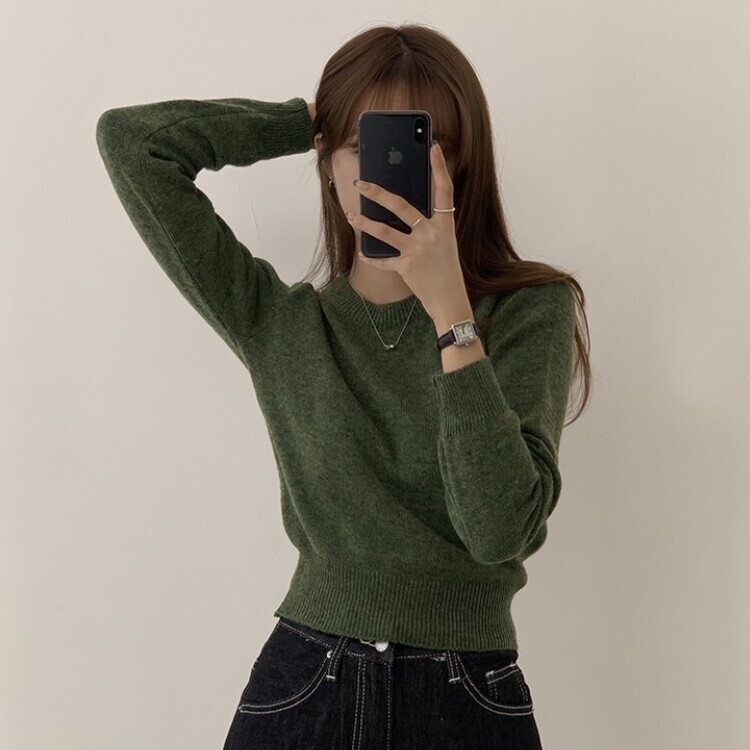 파스텔 가을 겨울 긴팔 라운드 무지 베이직 니트 딥그린