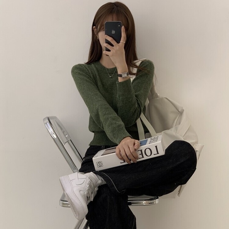 파스텔 가을 겨울 긴팔 라운드 무지 베이직 니트 딥그린