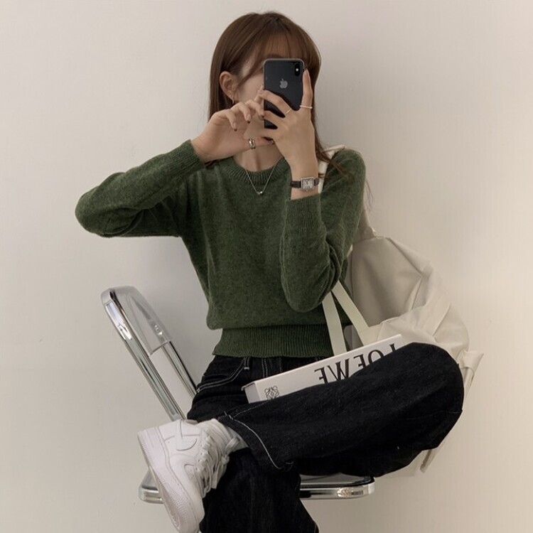 파스텔 가을 겨울 긴팔 라운드 무지 베이직 니트 딥그린