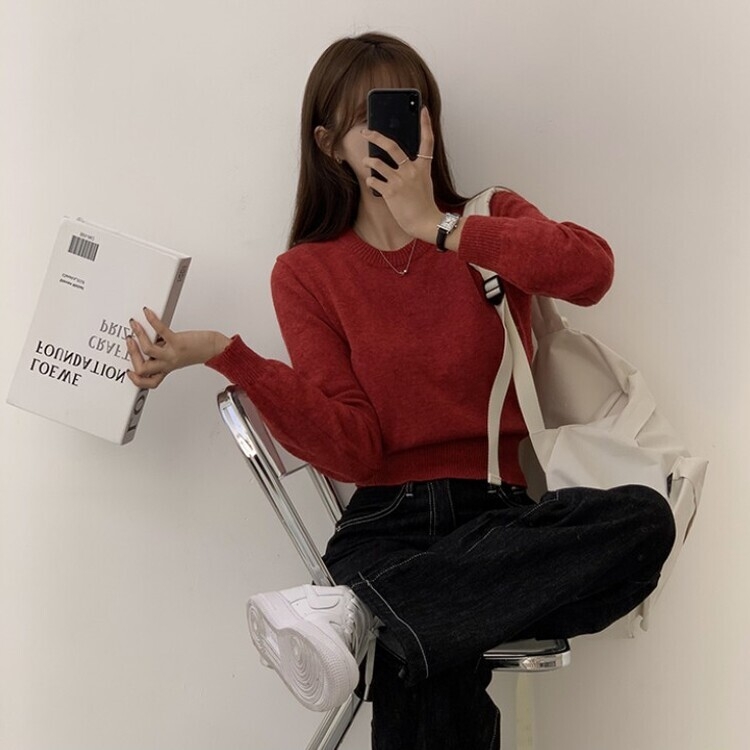 파스텔 가을 겨울 긴팔 라운드 무지 베이직 니트 레드