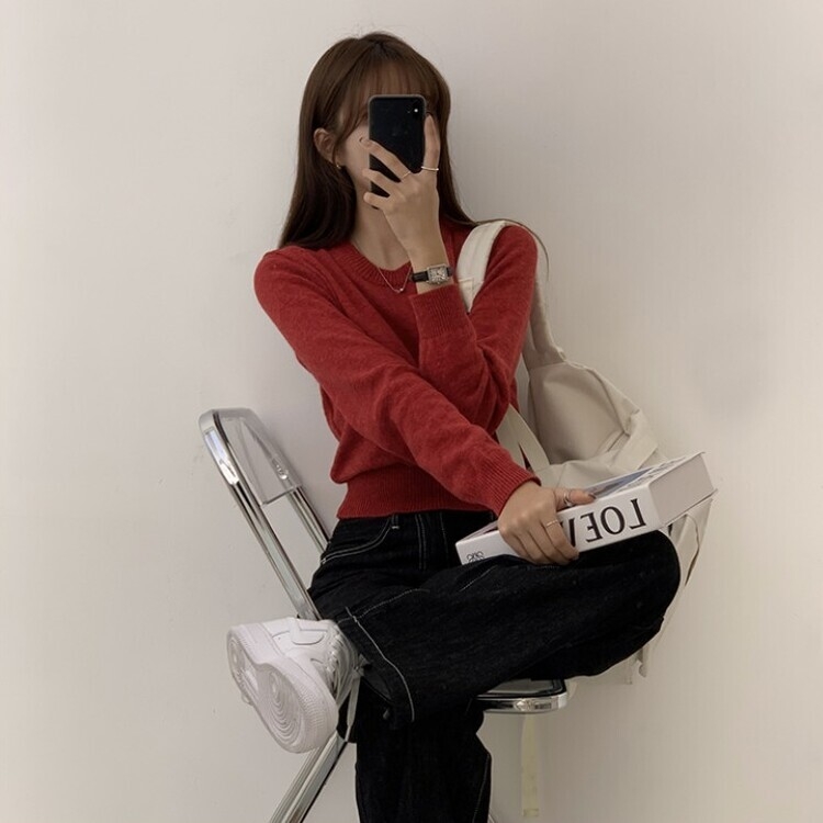 파스텔 가을 겨울 긴팔 라운드 무지 베이직 니트 레드