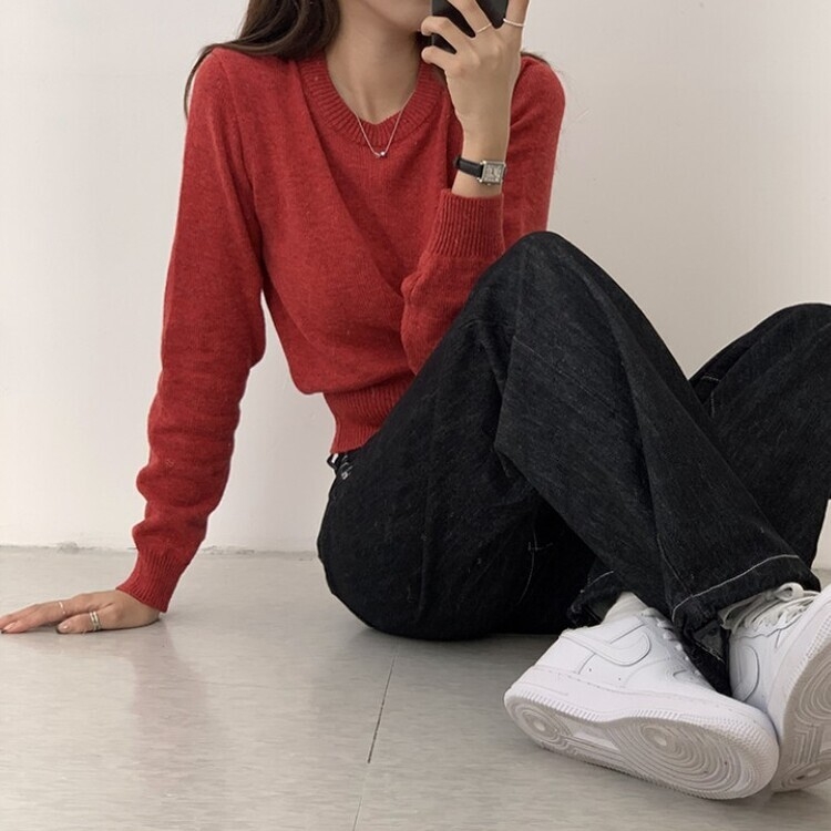 파스텔 가을 겨울 긴팔 라운드 무지 베이직 니트 레드