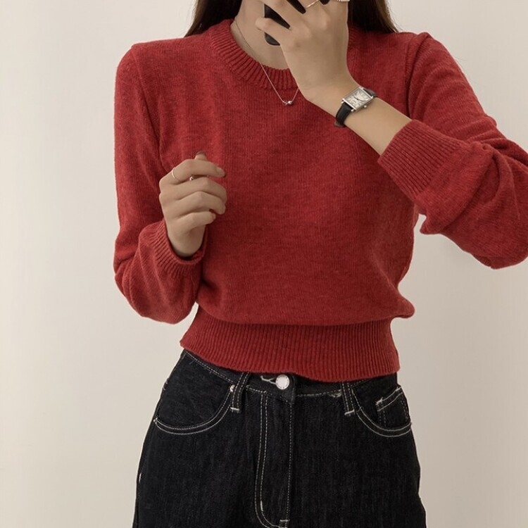 파스텔 가을 겨울 긴팔 라운드 무지 베이직 니트 레드