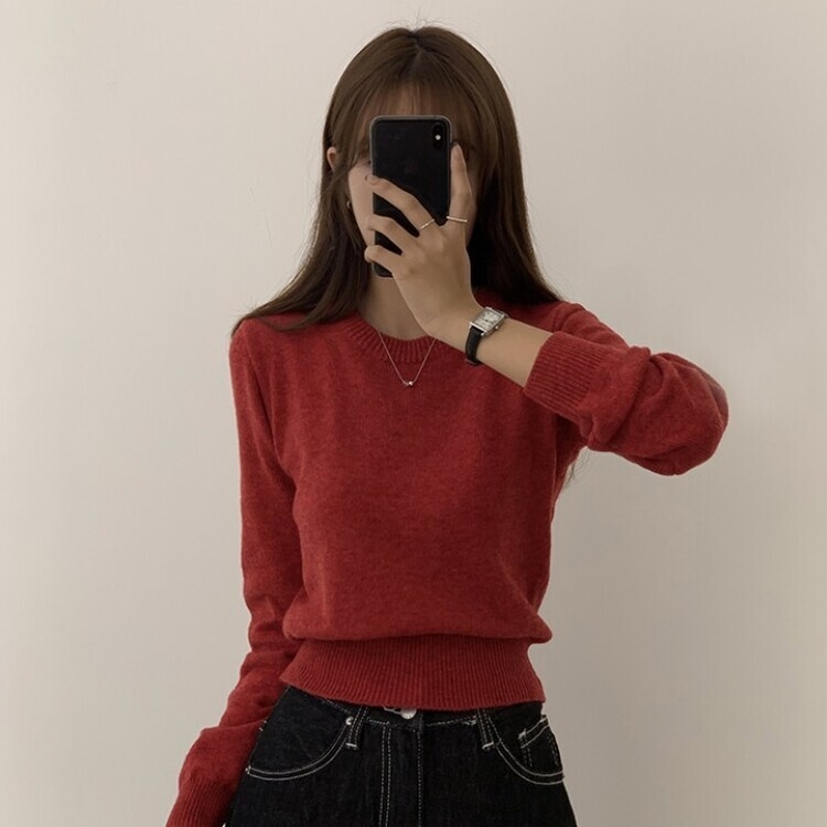 파스텔 가을 겨울 긴팔 라운드 무지 베이직 니트 레드