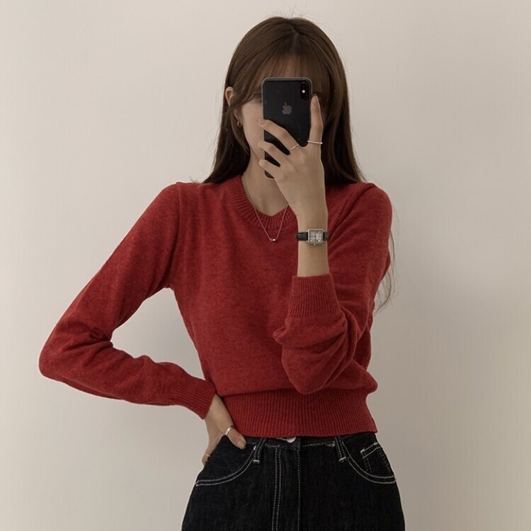 파스텔 가을 겨울 긴팔 라운드 무지 베이직 니트 레드