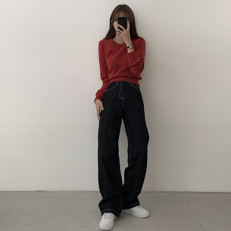 파스텔 가을 겨울 긴팔 라운드 무지 베이직 니트 레드