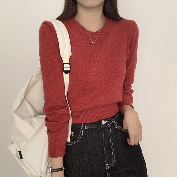 파스텔 가을 겨울 긴팔 라운드 무지 베이직 니트 스트로베리