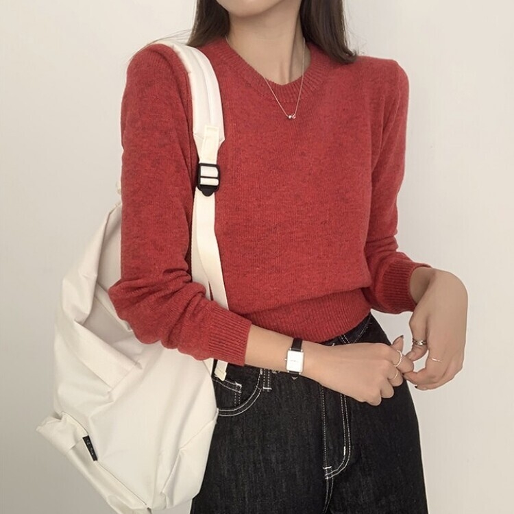 파스텔 가을 겨울 긴팔 라운드 무지 베이직 니트 스트로베리