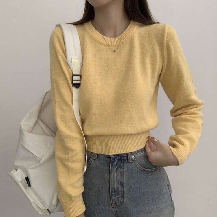 파스텔 가을 겨울 긴팔 라운드 무지 베이직 니트 옐로우